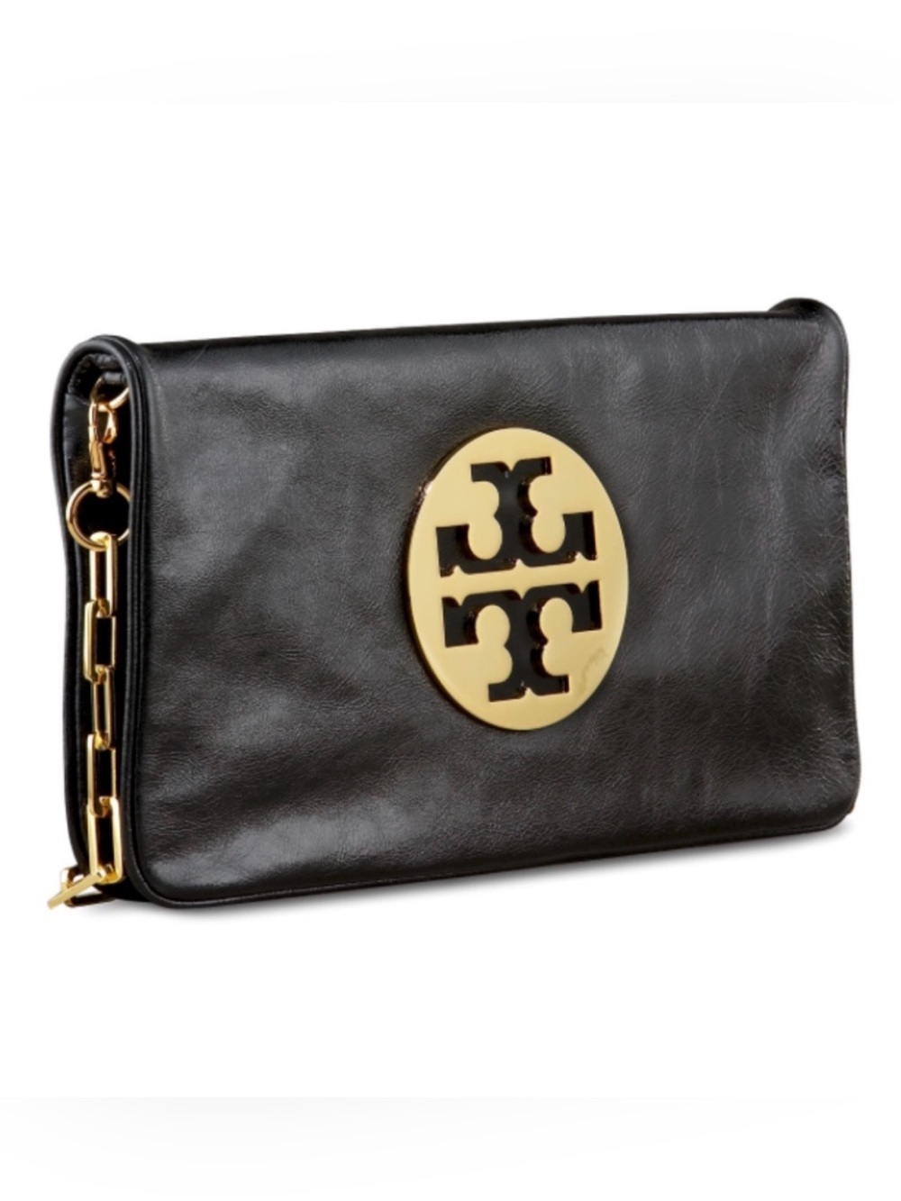 Tory Burch Reva Fold Over Clutch Black Leather Shoulder Bag Gold Logo